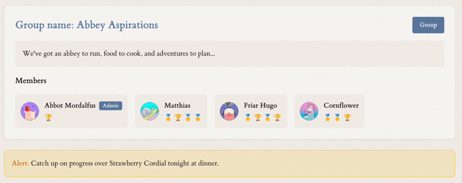 Group overview showing weekly goals